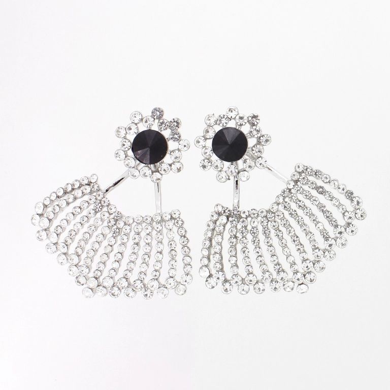 JEWELRY - EARRINGS - SCREW - CRYSTALS - FAN Е1140 - 4.2x4.8cm NICKEL-WHITE-BLACK - PACKAGE 6 pairs 