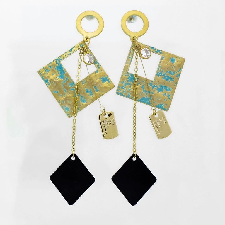 JEWELRY - EARRINGS - SCREW - ZIRCON - RHOMBOIDS Е931 - 3.5x8.8cm GOLD-BLACK-TURQUOISE - 1 pair 