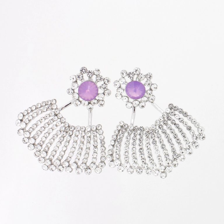 JEWELRY - EARRINGS - SCREW - CRYSTALS - FAN Е1140 - 4.2x4.8cm NICKEL-WHITE-PURPLE - PACKAGE 6 pairs 