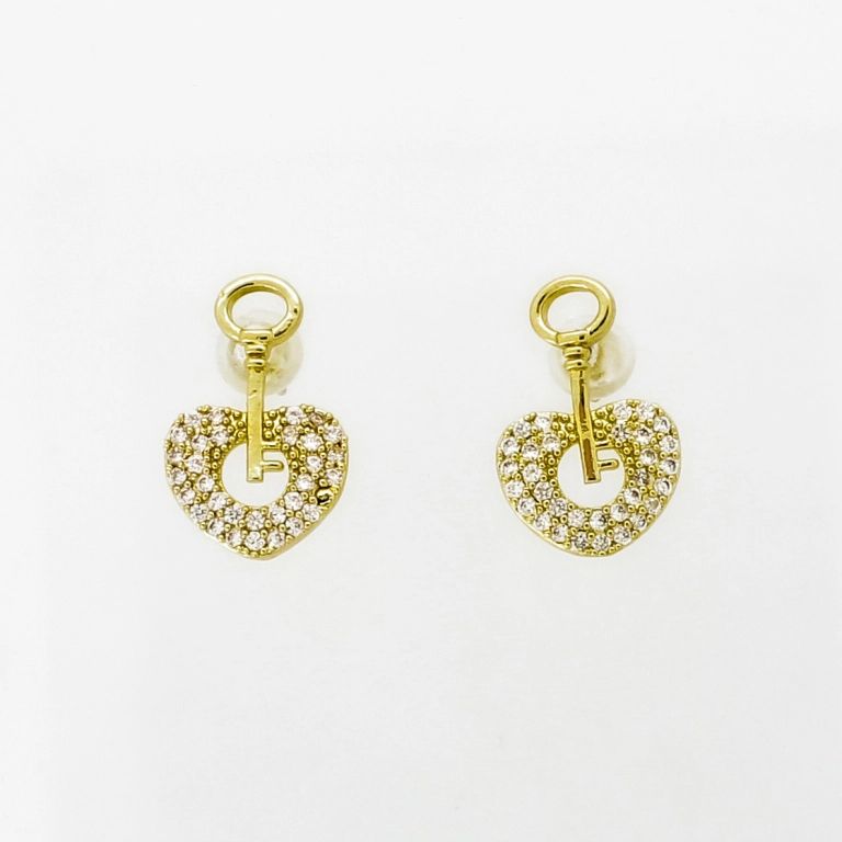 JEWELRY - EARRINGS - SCREW - ZIRCON - HEART KEY Е955 - 1.0x1.6cm GOLD-WHITE - 1 pair 