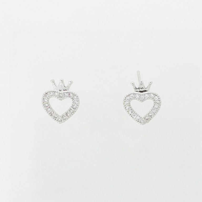 JEWELRY - EARRINGS - SCREW - ZIRCON - HEART WITH CROWN Е308 - 0.9x1.0cm NICKEL AND WHITE - PACKAGE 6 pairs 