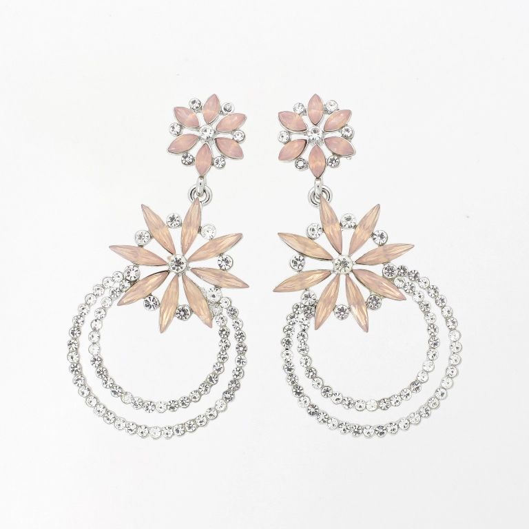 JEWELRY - EARRINGS - SCREW - CRYSTALS - FLOWERS Е1129 - 3.1x6.1cm NICKEL-WHITE-ROSE GOLD - PACKAGE 6 pairs 