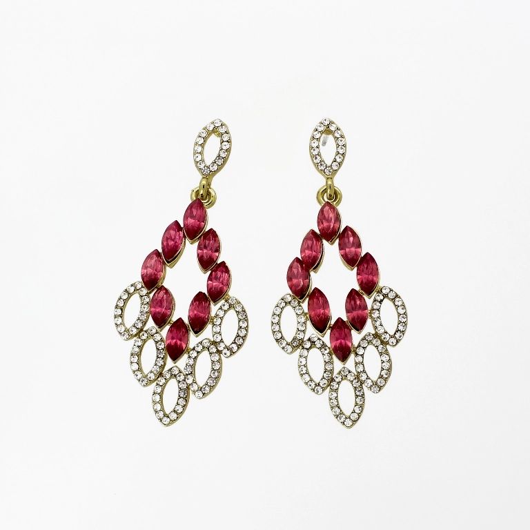 JEWELRY - EARRINGS - SCREW - CRYSTALS - RHOMBOID Е1126 - 2.4x5.5cm GOLD-WHITE-PINK (DARK) - PACKAGE 6 pairs 