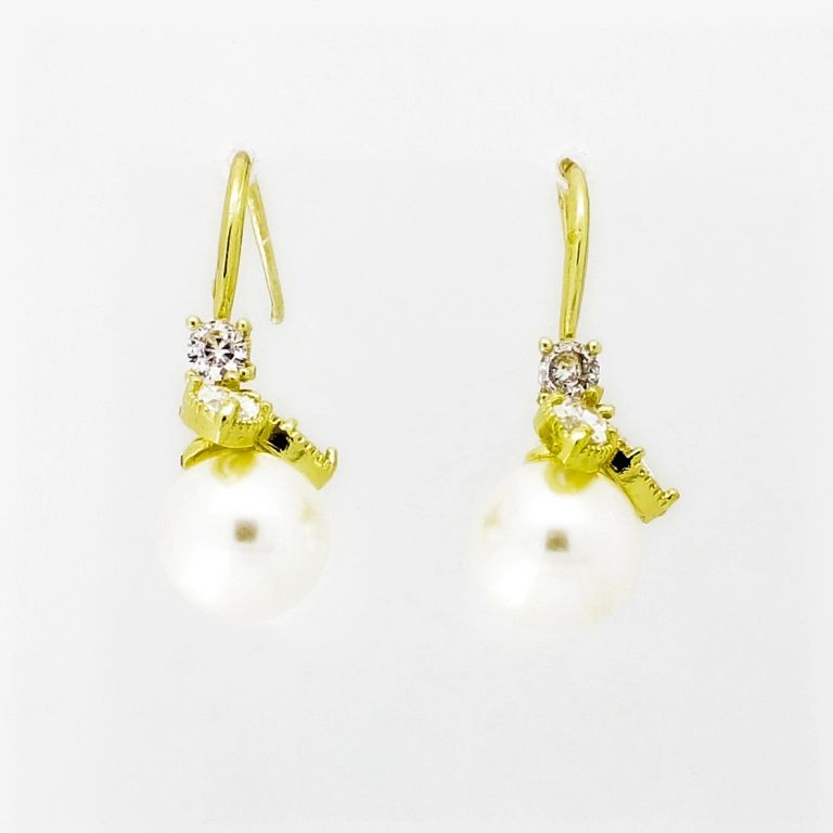 JEWELRY - EARRINGS - HOOK - ZIRCON - FLOWER Е985 - 1.1x2.8cm GOLD AND WHITE - PACKAGE 6 pairs 
