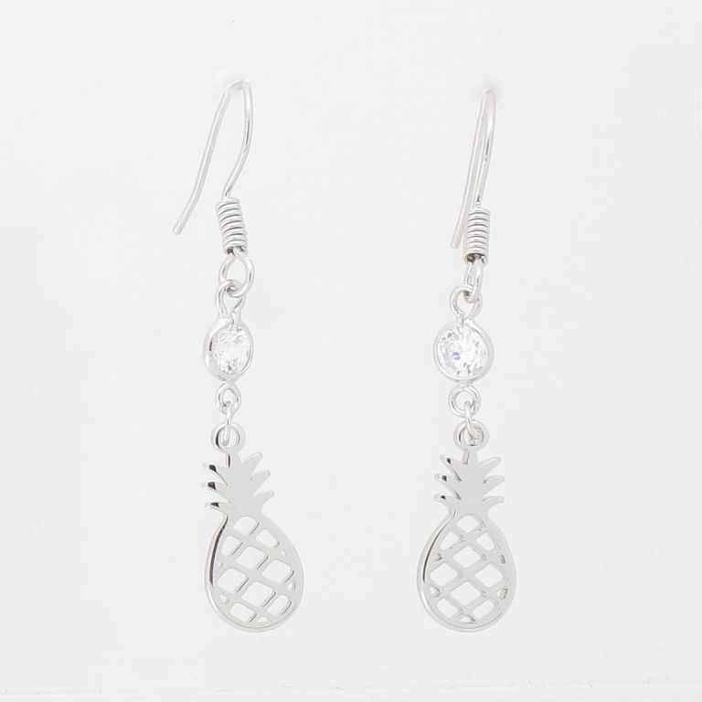 JEWELRY - EARRINGS - HOOK - ZIRCON - PINEAPPLE Е986 - 0.7x4.0cm NICKEL AND WHITE - 1 pair 