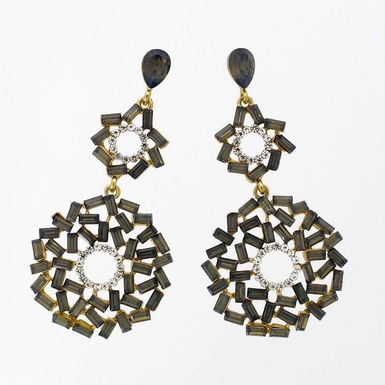 JEWELRY - EARRINGS - SCREW - CRYSTALS - CIRCLE Е1125 - 3.5x7.0cm GOLD-WHITE-GRAY - PACKAGE 6 pairs 