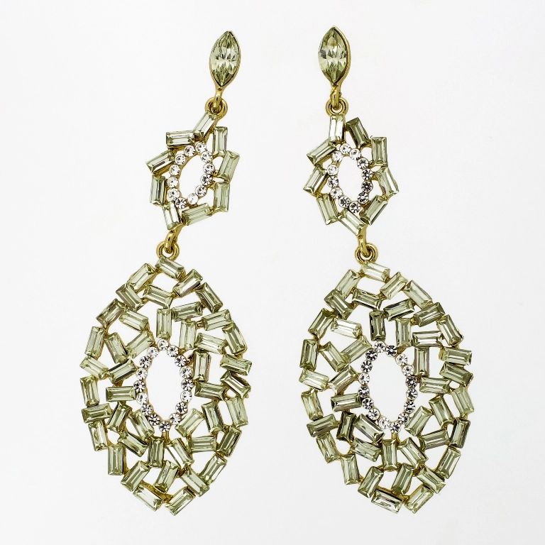 JEWELRY - EARRINGS - SCREW - CRYSTALS - DROP Е1111 - 3.0x8.3cm GOLD-WHITE-GREEN (LIGHT) - 1 pair 
