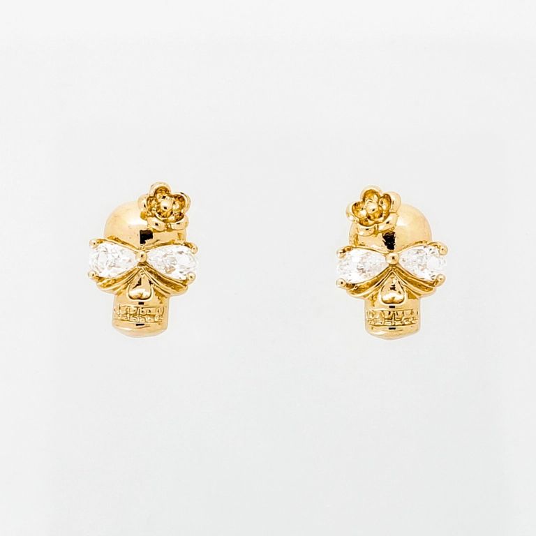 JEWELRY - EARRINGS - SCREW - ZIRCON - SKULL Е990 - 1.1x1.4cm ROSE GOLD AND WHITE - PACKAGE 6 pairs 