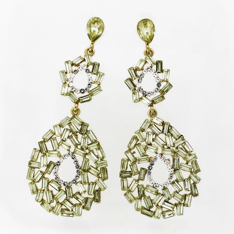JEWELRY - EARRINGS - SCREW - CRYSTALS - DROPS Е1108 - 3.2x7.9cm GOLD-WHITE-GREEN (LIGHT) - PACKAGE 6 pairs 