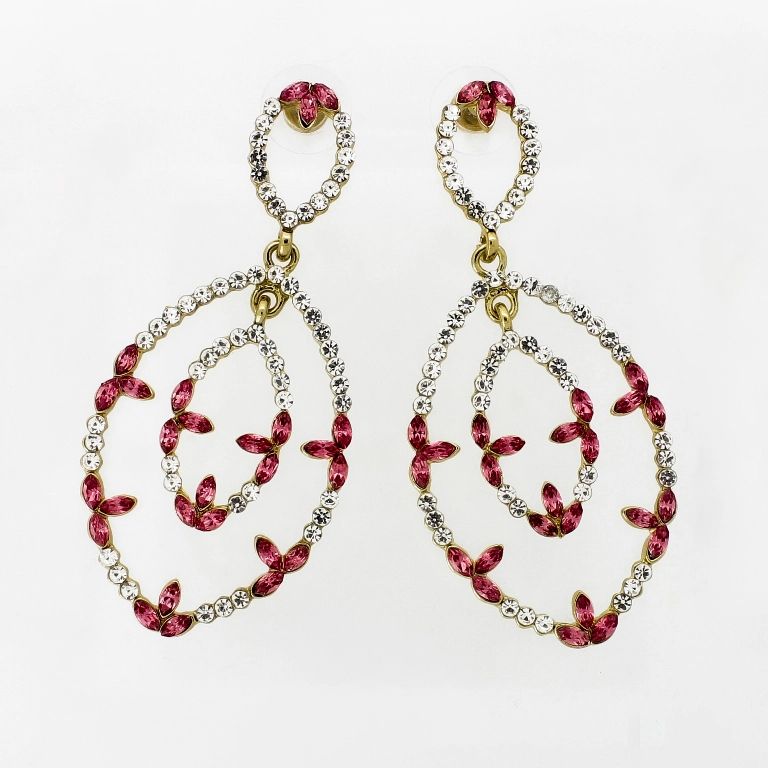 JEWELRY - EARRINGS - SCREW - CRYSTALS - FLOWERS Е1107 - 2.8x6.3cm GOLD-WHITE-PINK - PACKAGE 6 pairs 