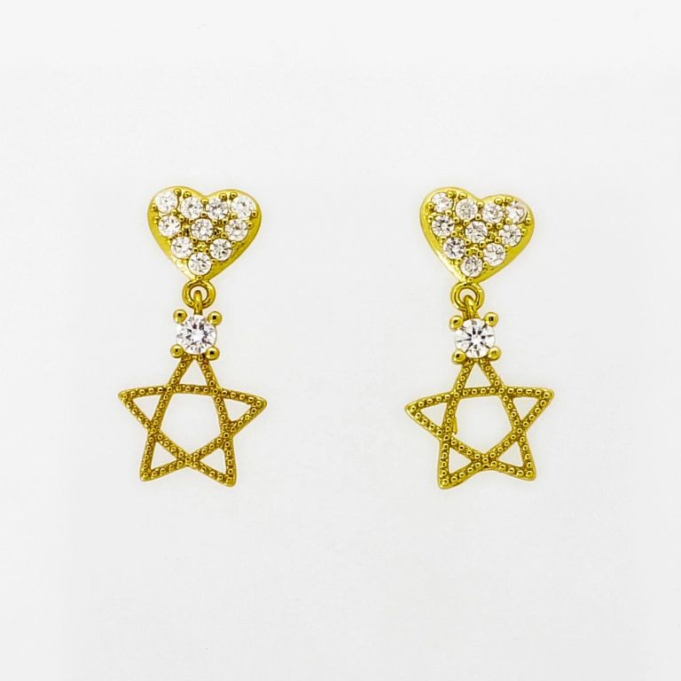 JEWELRY - EARRINGS - SCREW - ZIRCON - HEART STAR Е996 - 1.0x2.0cm GOLD AND WHITE - PACKAGE 6 pairs 