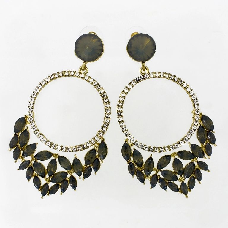 JEWELRY - EARRINGS - SCREW - CRYSTALS - FLOWERS Е1096 - 3.9x6.9cm GOLD-WHITE-GRAY (DARK) - 1 pair 