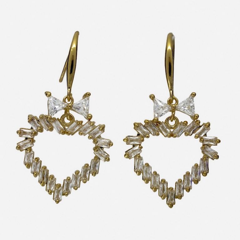 JEWELRY - EARRINGS - HOOK - ZIRCON - HEART RIBBON Е1081 - 2.0x3.6cm GOLD AND WHITE - 1 pair 