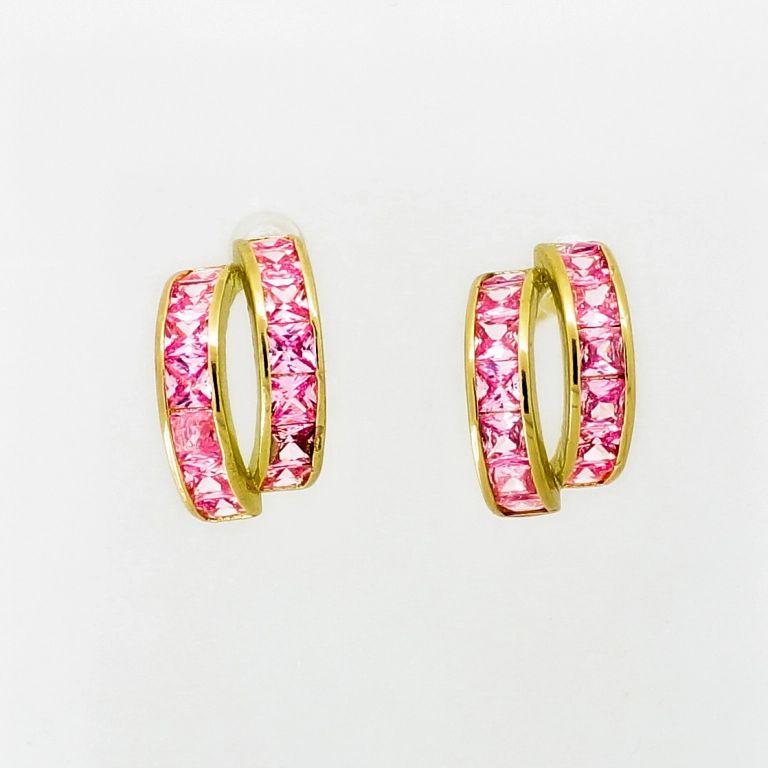 JEWELRY - EARRINGS - SCREW - ZIRCON - HALF HOOP Е1063 - 1.0x1.7cm GOLD AND PINK - PACKAGE 6 pairs 