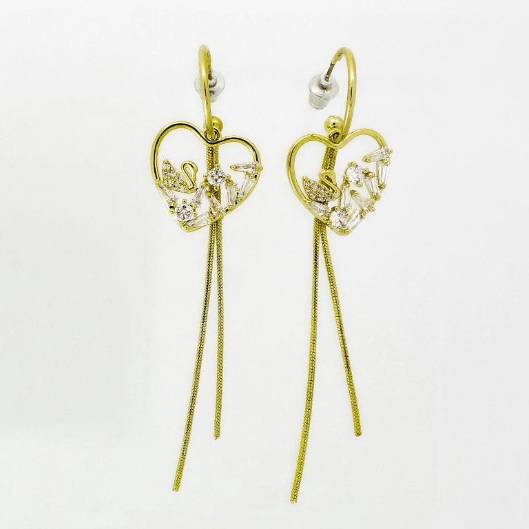 JEWELRY - EARRINGS - SCREW - ZIRCON - HEART Е1029 - 1.8x7.3cm GOLD AND WHITE - 1 pair 