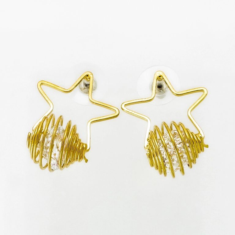 JEWELRY - EARRINGS - SCREW - ZIRCON - STAR Е1032 - 2.3x2.9cm GOLD AND WHITE - PACKAGE 6 pairs 