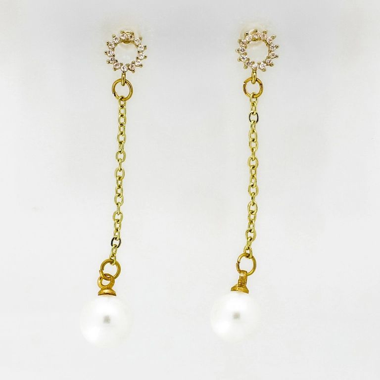 JEWELRY - EARRINGS - SCREW - ZIRCON - SUN PEARL Е1043 - 0.8x4.9cm GOLD AND WHITE - 1 pair 
