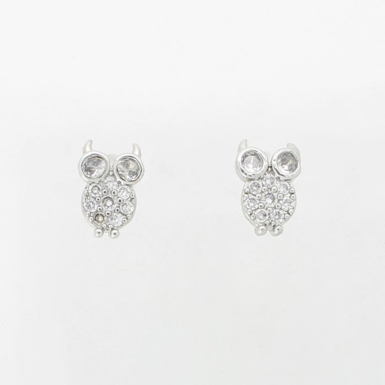 JEWELRY - EARRINGS - SCREW - ZIRCON - OWL Е1037 - 0.8x1.2cm NICKEL AND WHITE - 1 pair 