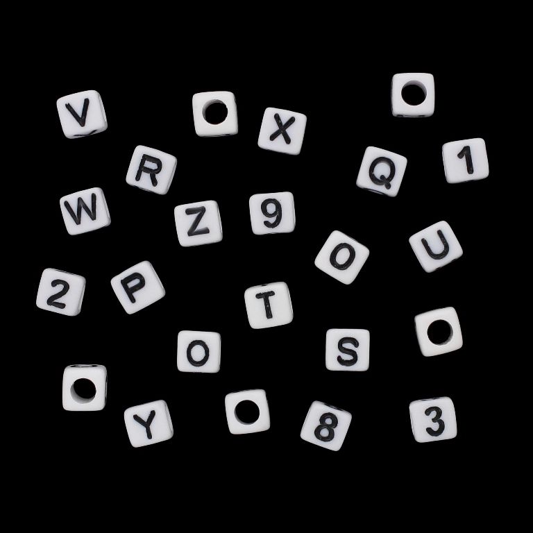 ACRYLIC BEADS - LETTERS - CUBE - 6x6mm WHITE WITH BLACK - PACKAGE 500g Hole-3.5mm (3230pcs.)