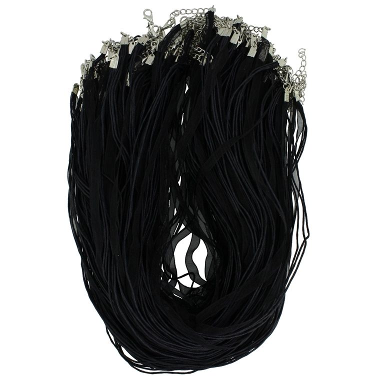 NECKLACE WITH CLASP - THREAD AND ORGANZA - NECKLACE - 43+4cm BLACK 332 - PACKAGE 100pcs.