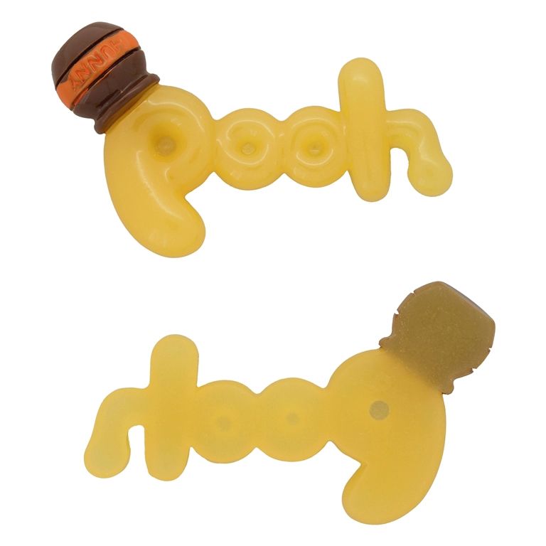 ПЛАСТМАСОВИ МЪНИСТА - РЕЗИН 3D - ЗА ЗАЛЕПВАНЕ - НАДПИС POOH 01 ГЪРНЕ С МЕД - 62х38х11мм ЖЪЛТО-КАФЯВО-ОРАНЖЕВО - ПАКЕТ 30 бр.