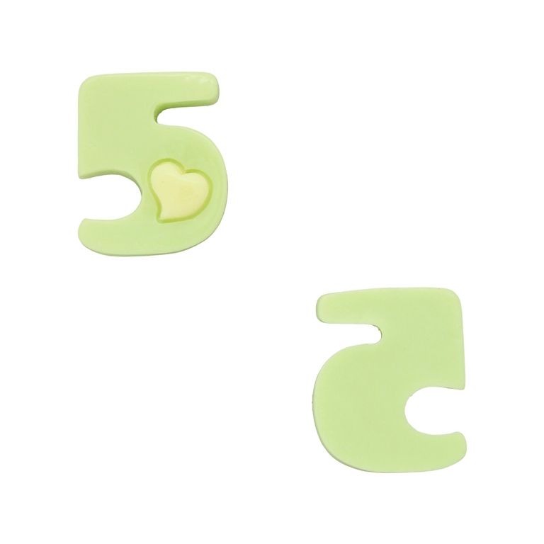 PLASTIC BEADS - RESIN 3D - FOR GLUING - NUMBER 5 WITH HEART - 20x25x6mm GREEN (LIGHT) AND YELLOW (LIGHT) - PACKAGE 30pcs.