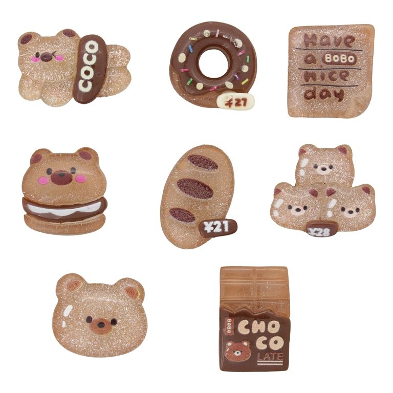 PLASTIC BEADS - RESIN 3D - FOR GLUING - BEAR AND FOODS MIX MODELS 01 TRANSPARENT WITH GLITTER - MIX BROWN - PACKAGE 30pcs.
