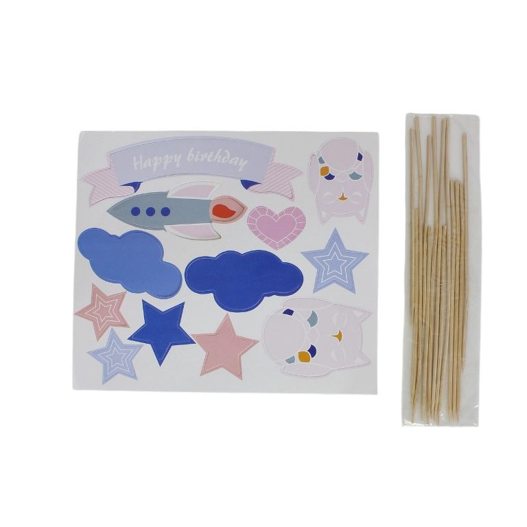 MATERIALS FOR CRAFT AND DECORATION - TOPPER FROM CARTON - HAPPY BIRTHDAY 06 OWL AND MIX - BLUE AND PINK - PACKAGE (6x12pcs.)