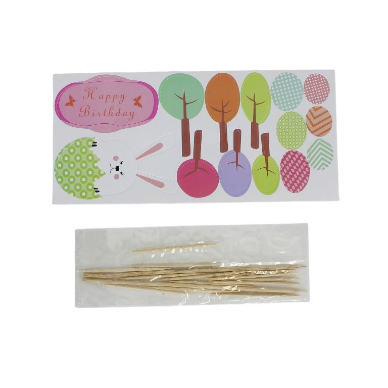 MATERIALS FOR CRAFT AND DECORATION - TOPPER FROM CARTON - HAPPY BIRTHDAY 12 RABBIT AND MIX - PINK (DARK) AND WHITE - 14pcs.