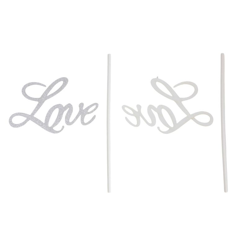 MATERIALS FOR CRAFT AND DECORATION - TOPPER FROM CARTON - LOVE 02 GLITTER - 9x6cm - SILVER - PACKAGE 6pcs.