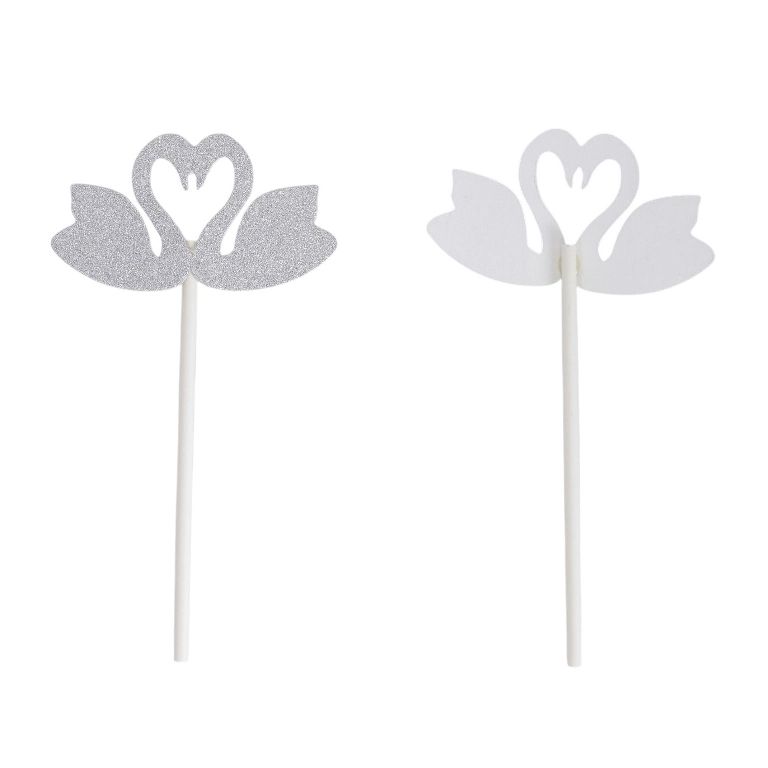 MATERIALS FOR CRAFT AND DECORATION - TOPPER FROM CARTON - SWANS 01 GLITTER - 7x13cm - SILVER - PACKAGE 6pcs.