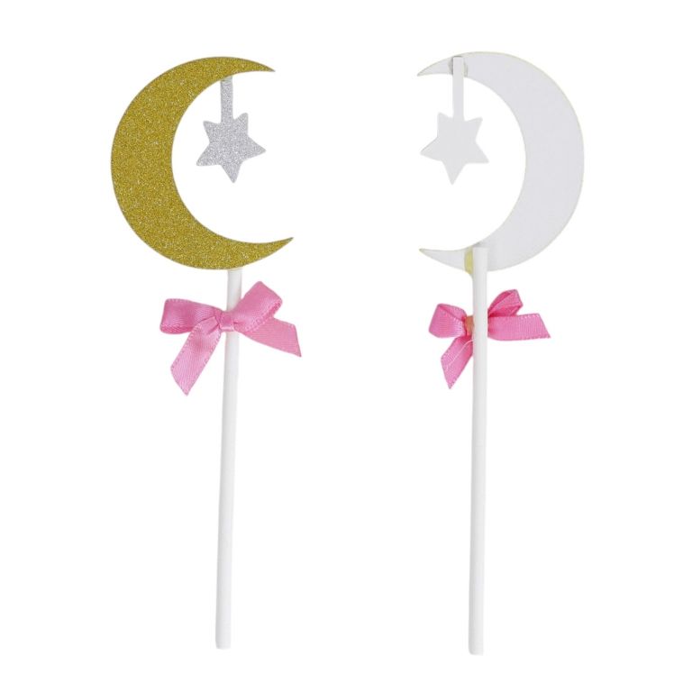 MATERIALS FOR CRAFT AND DECORATION - TOPPER FROM CARTON - MOON AND STAR 01 GLITTER - 4.5x14.5cm - GOLD AND SILVER - PACKAGE (6x2pcs.)