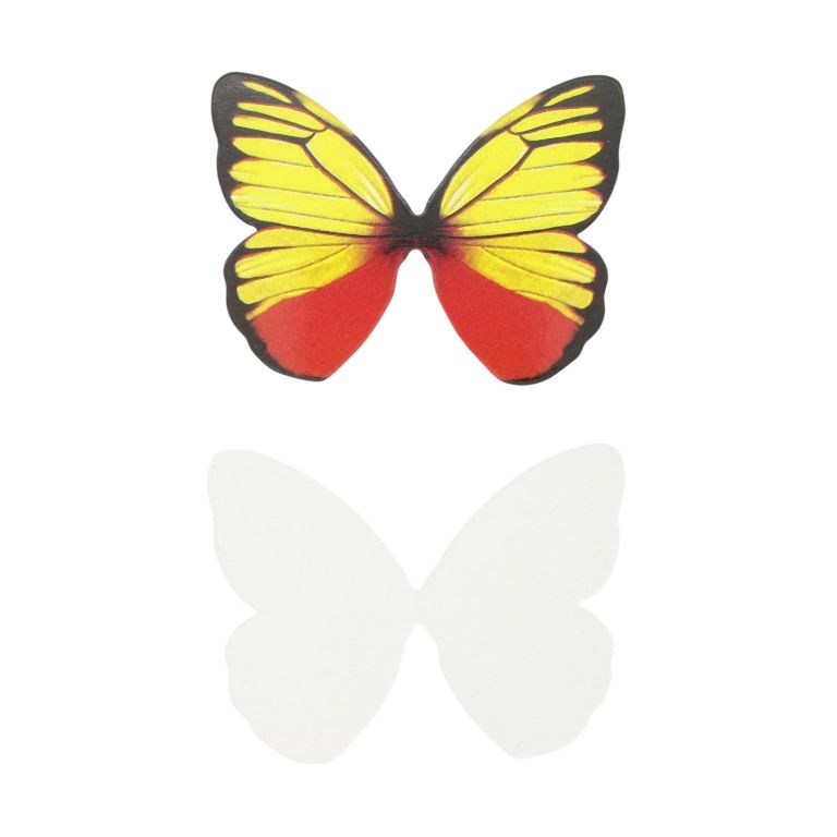MATERIALS FOR CRAFT AND DECORATION - TOPPER FROM CARTON - BUTTERFLY 01 - 6.8x5.3cm YELLOW-RED-BLACK - 10pcs.