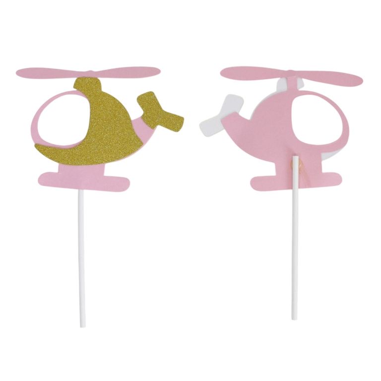 MATERIALS FOR CRAFT AND DECORATION - TOPPER FROM CARTON - HELICOPTER 01 GLITTER - 10x15.3cm - GOLD AND PINK - 2pcs.