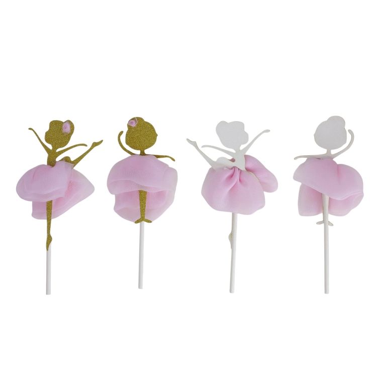 MATERIALS FOR CRAFT AND DECORATION - TOPPER FROM CARTON AND TEXTILE - BALLERINA MIX 01 - 4.5x12cm - GOLD AND PINK (LIGHT) - PACKAGE (12x2pcs.).