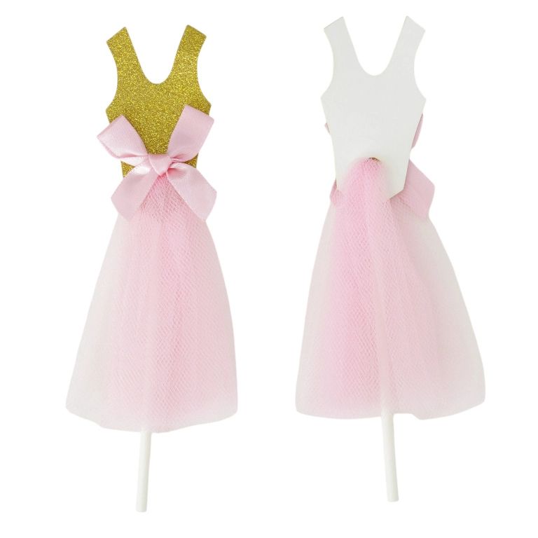 MATERIALS FOR CRAFT AND DECORATION - TOPPER FROM CARTON AND TEXTILE - DRESS 01 - 3.5x14cm - GOLD AND PINK - 2pcs.