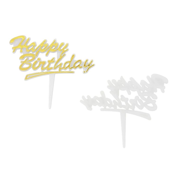 MATERIALS FOR CRAFT AND DECORATION - TOPPER FROM PLASTIC - HAPPY BIRTHDAY 03 - 7.7x6cm - GOLD AND WHITE - PACKAGE 25pcs.