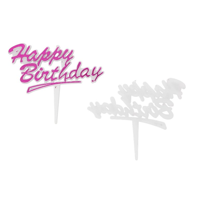 MATERIALS FOR CRAFT AND DECORATION - TOPPER FROM PLASTIC - HAPPY BIRTHDAY 03 - 7.7x6cm - CYCLAMEN AND WHITE - PACKAGE 25pcs.