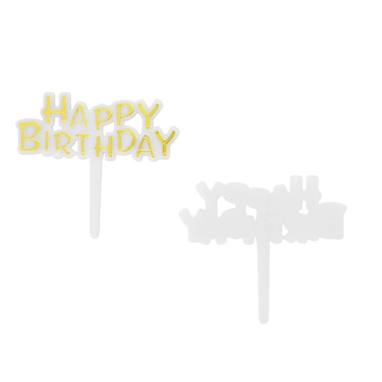 MATERIALS FOR CRAFT AND DECORATION - TOPPER FROM PLASTIC - HAPPY BIRTHDAY 04 - 6.5x5.5cm - GOLD AND WHITE - PACKAGE 25pcs.