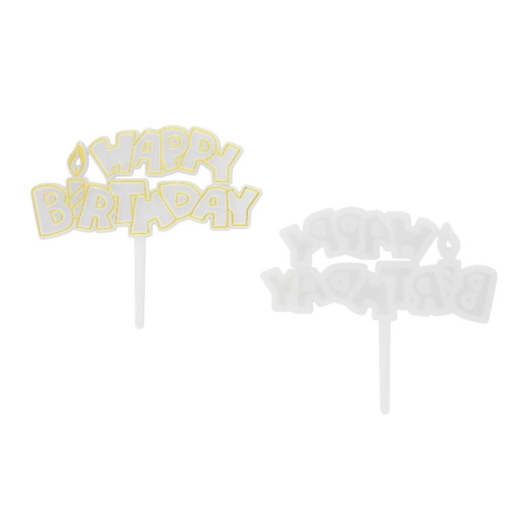 MATERIALS FOR CRAFT AND DECORATION - TOPPER FROM PLASTIC - HAPPY BIRTHDAY 05 - 7.8x6.5cm - GOLD AND WHITE - PACKAGE 25pcs.