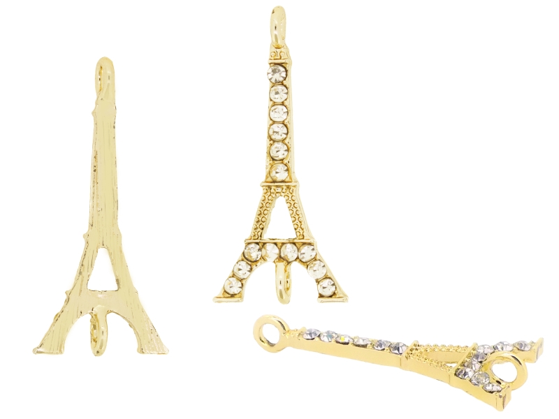 METAL - CHARMS CONNECTOR 2 HOLES UV COATING WITH CRYSTALS - EIFFEL TOWER 01 - 33x15x2mm GOLD COLOR AND WHITE - PACKAGE 20pcs. Hole-2.5mm