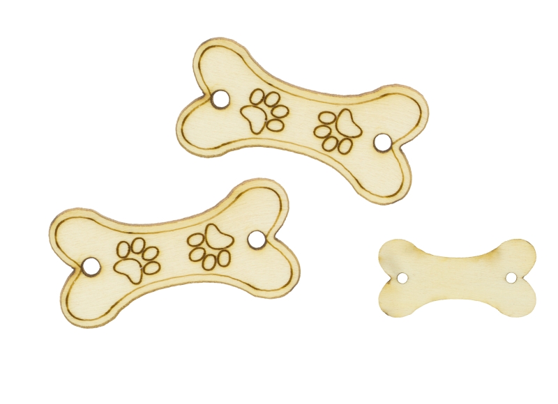 LASER CUT WOODEN FIGURES - BONE WITH PAWS - 36x18mm NATURAL - PACKAGE 100pcs. Hole-2.0mm