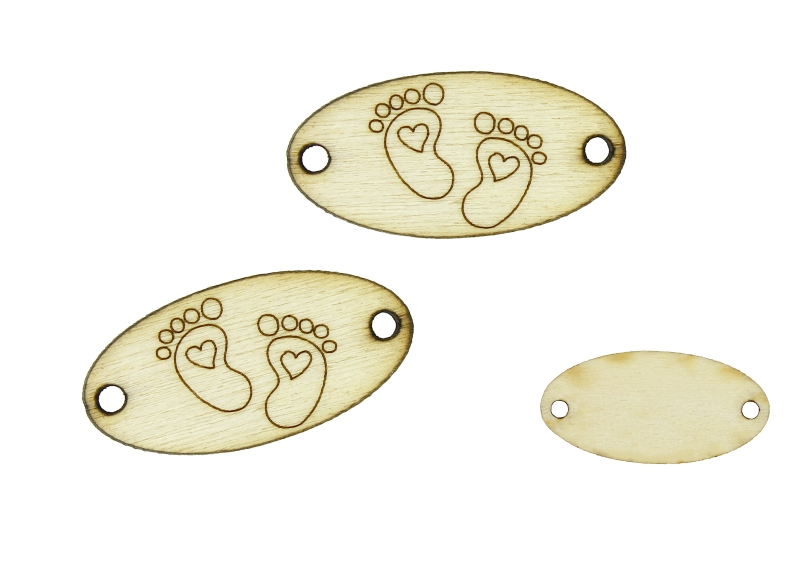 LASER CUT WOODEN FIGURES - ELLIPSE 30x15mm - BABY FEET - NATURAL - 10pcs. Hole-2.0mm