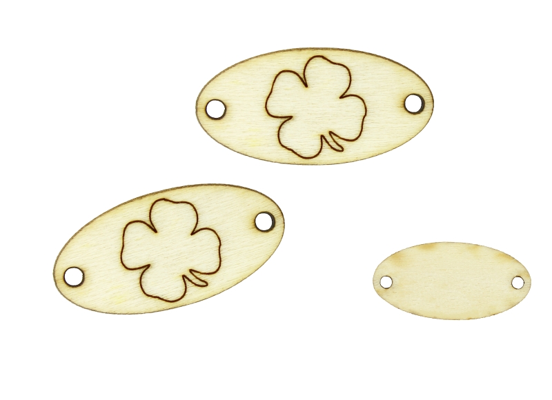 LASER CUT WOODEN FIGURES - ELLIPSE 30x15mm - CLOVER 02 - NATURAL - PACKAGE 100pcs. Hole-2.0mm