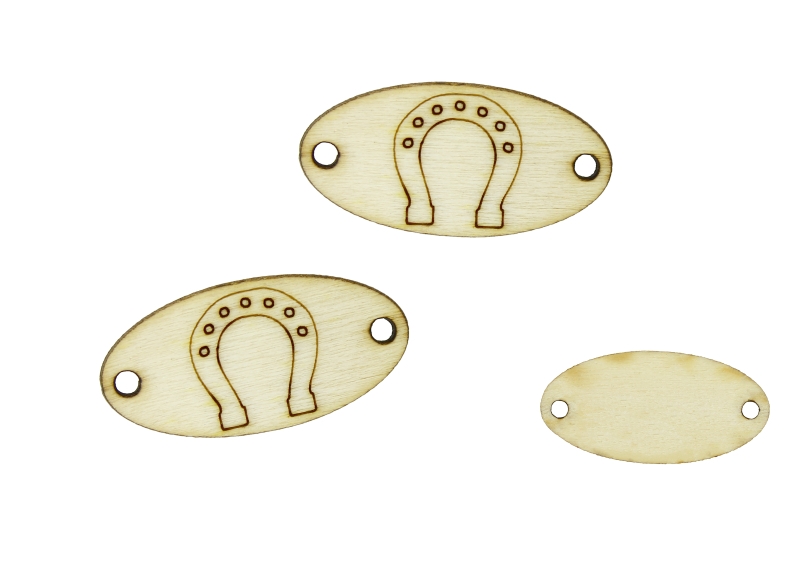 LASER CUT WOODEN FIGURES - ELLIPSE 30x15mm - HORSESHOE - NATURAL - PACKAGE 100pcs. Hole-2.0mm