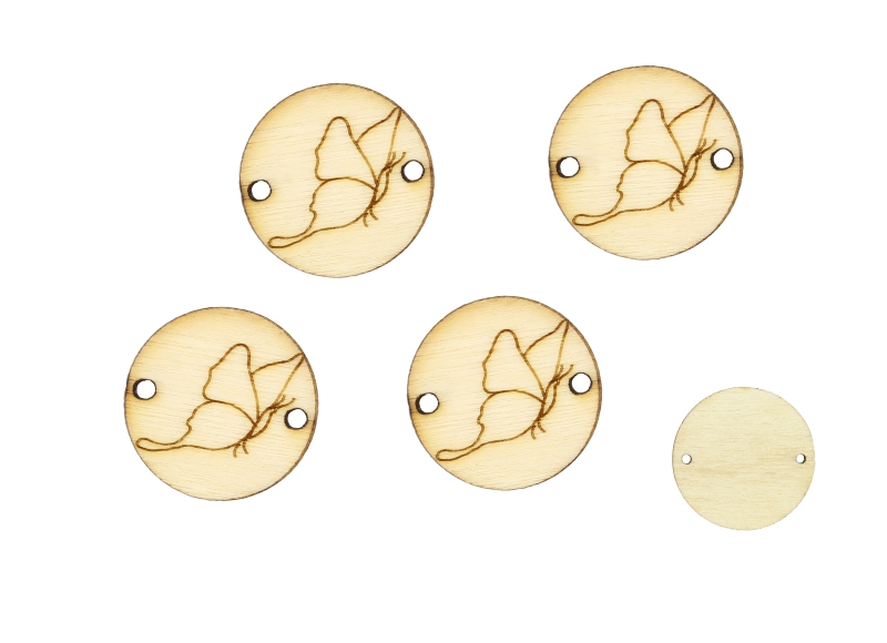 LASER CUT WOODEN FIGURES - ROUND 20mm - BUTTERFLY 02 - NATURAL - PACKAGE 100pcs. Hole-1.5mm