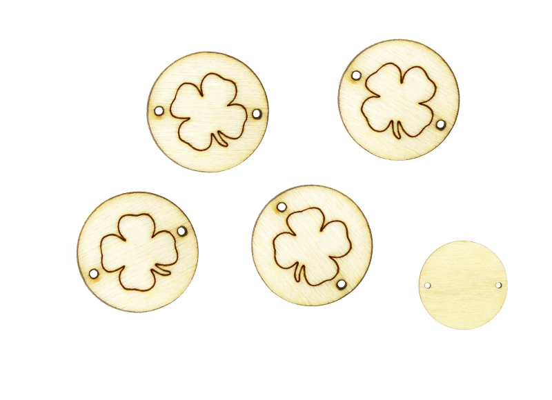 LASER CUT WOODEN FIGURES - ROUND 20mm - CLOVER - NATURAL - PACKAGE 100pcs. Hole-1.5mm