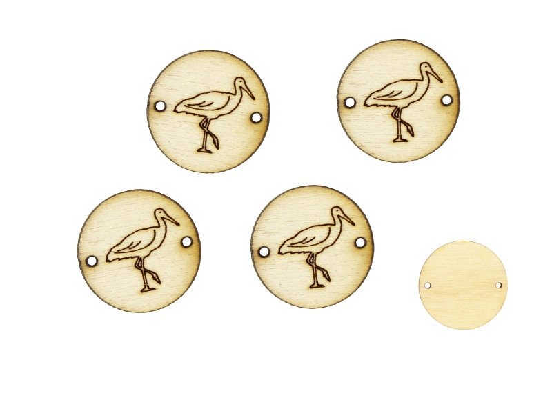 LASER CUT WOODEN FIGURES - ROUND 20mm - STORK - NATURAL - PACKAGE 100pcs. Hole-1.5mm