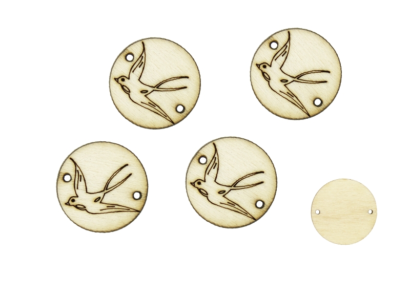 LASER CUT WOODEN FIGURES - ROUND 20mm - SWALLOW - NATURAL - PACKAGE 100pcs. Hole-1.5mm