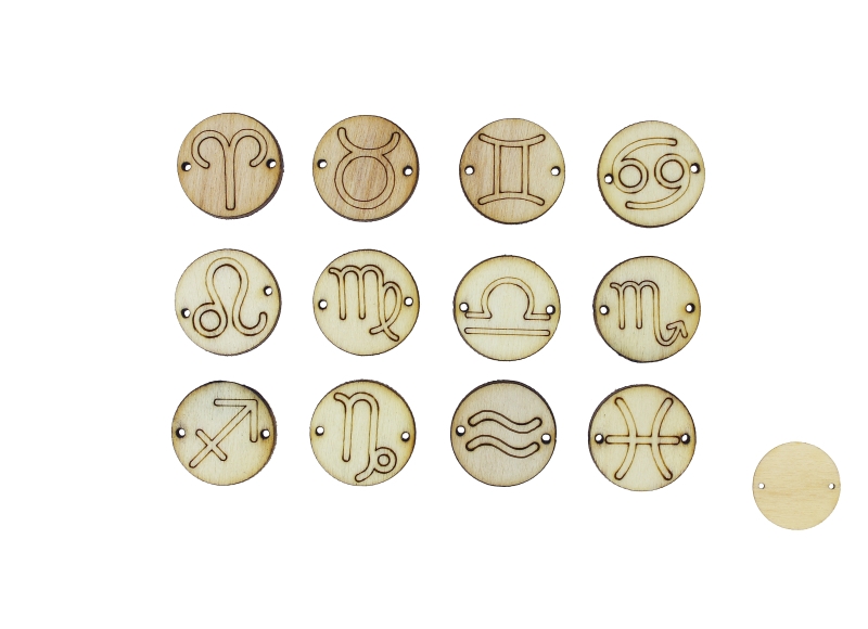 LASER CUT WOODEN FIGURES - ROUND 20mm - ZODIAC SIGNS - NATURAL - 1 set Hole-1.5mm